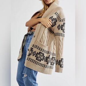 NWT Pendleton Lambswool Cable Cardigan; Ivory/Black Harding